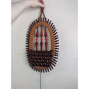 VTG Wood Bead Beaded Plant Hanger Hanging Wall Pocket Sconce Boho Tribal 70s